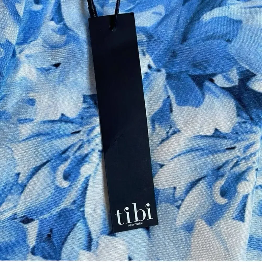 Tibi Shorts 10 NEW Blue Floral Silk and Linen 9” Inseam